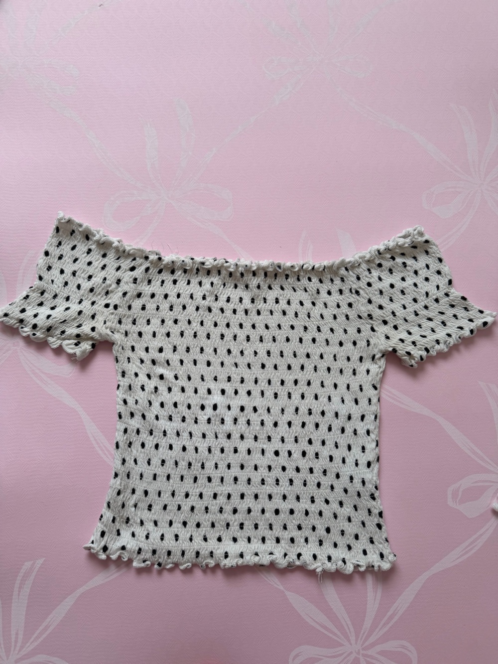 Off-Shoulder White and Black Polka Dot Smocked Crop Top
